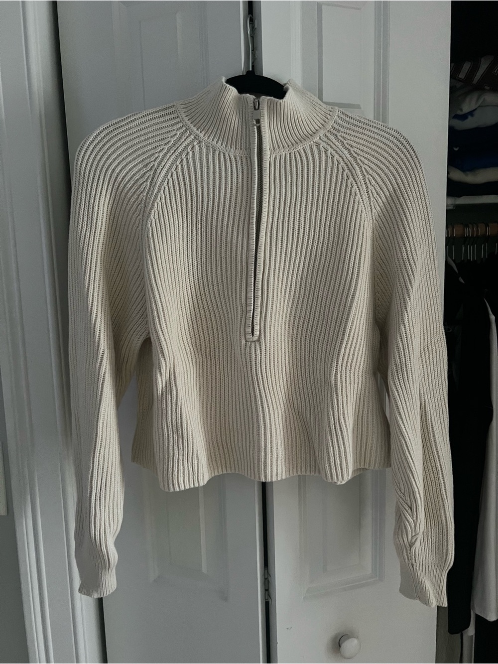 American Eagle Outfitters Cream Ribbed Half-Zip Turtleneck Sweater